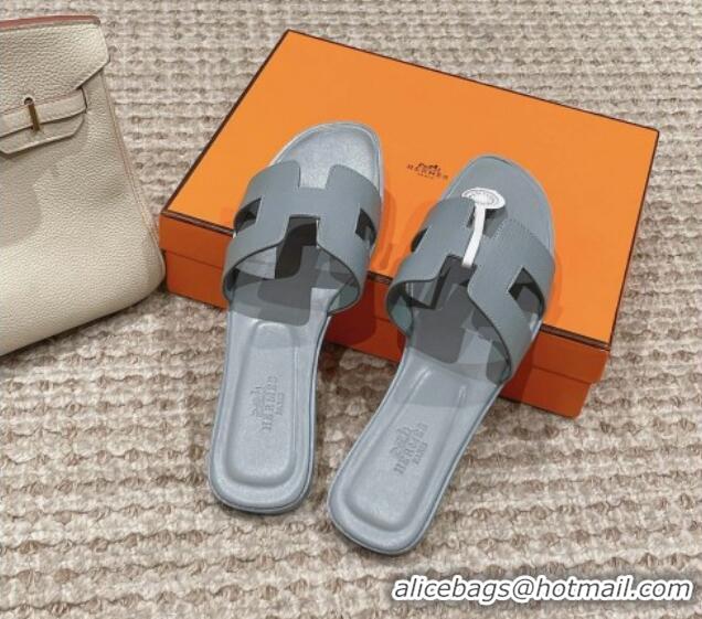 Popular Style Hermes Classic Oran Flat Slide Sandals in Palm Grained Leather Grey 123040