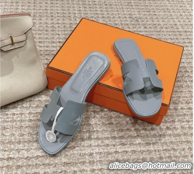 Popular Style Hermes Classic Oran Flat Slide Sandals in Palm Grained Leather Grey 123040