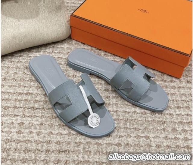 Popular Style Hermes Classic Oran Flat Slide Sandals in Palm Grained Leather Grey 123040