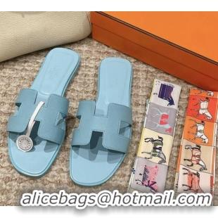 Low Cost Hermes Classic Oran Flat Slide Sandals in Palm Grained Leather Blue 0123041