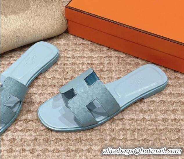 Low Cost Hermes Classic Oran Flat Slide Sandals in Palm Grained Leather Blue 0123041