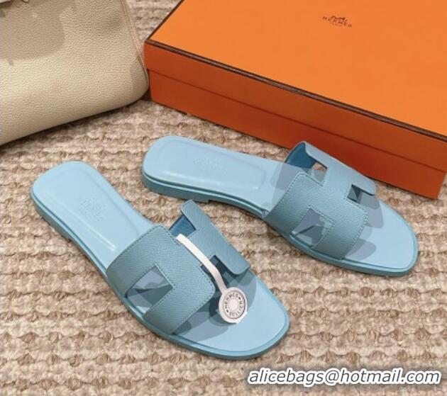 Low Cost Hermes Classic Oran Flat Slide Sandals in Palm Grained Leather Blue 0123041