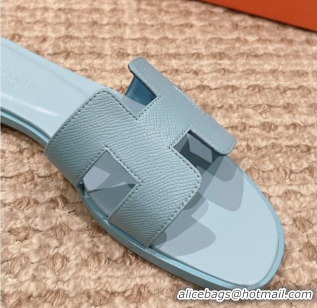 Low Cost Hermes Classic Oran Flat Slide Sandals in Palm Grained Leather Blue 0123041