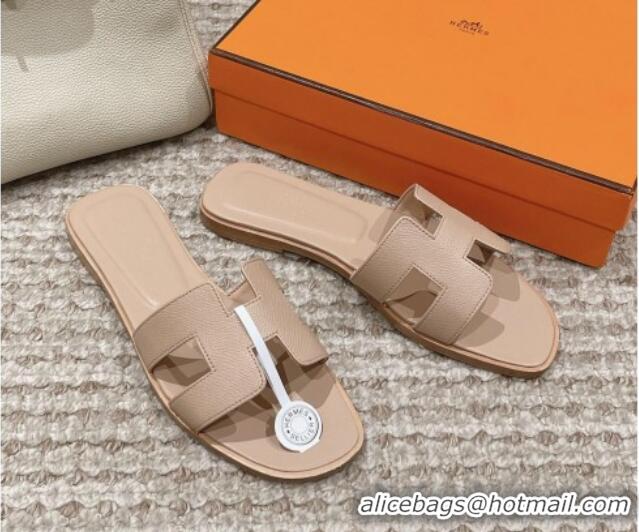 Grade Quality Hermes Classic Oran Flat Slide Sandals in Palm Grained Leather Beige 0123042