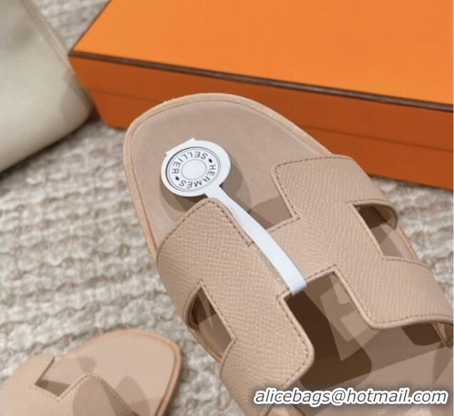 Grade Quality Hermes Classic Oran Flat Slide Sandals in Palm Grained Leather Beige 0123042