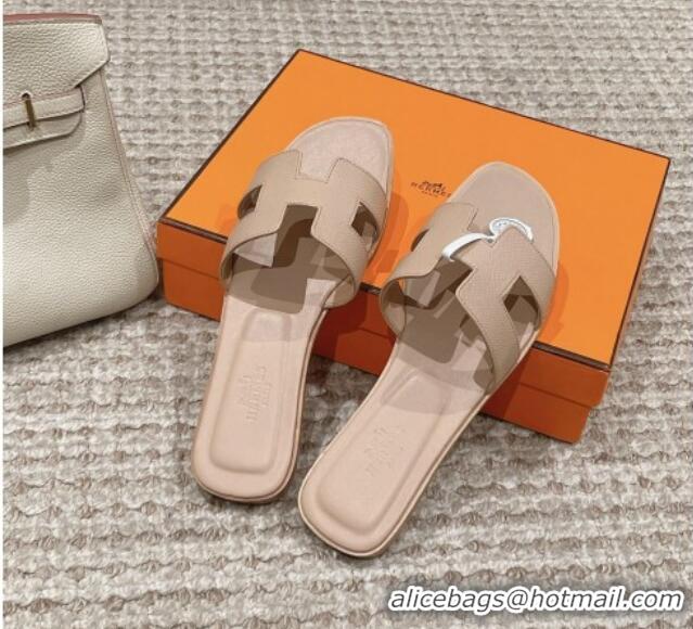 Grade Quality Hermes Classic Oran Flat Slide Sandals in Palm Grained Leather Beige 0123042