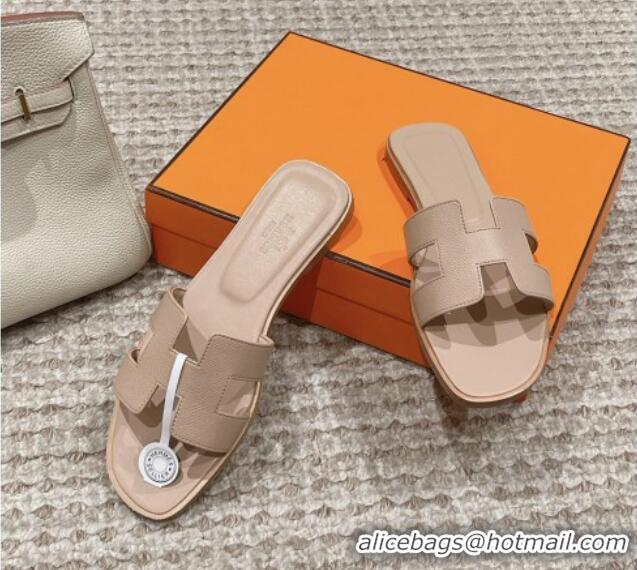 Grade Quality Hermes Classic Oran Flat Slide Sandals in Palm Grained Leather Beige 0123042