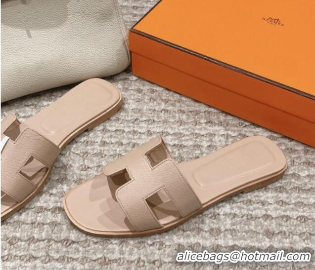 Grade Quality Hermes Classic Oran Flat Slide Sandals in Palm Grained Leather Beige 0123042