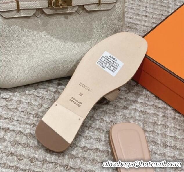 Grade Quality Hermes Classic Oran Flat Slide Sandals in Palm Grained Leather Beige 0123042