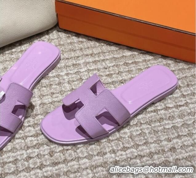 Shop Cheap Hermes Classic Oran Flat Slide Sandals in Palm Grained Leather Purple 123047