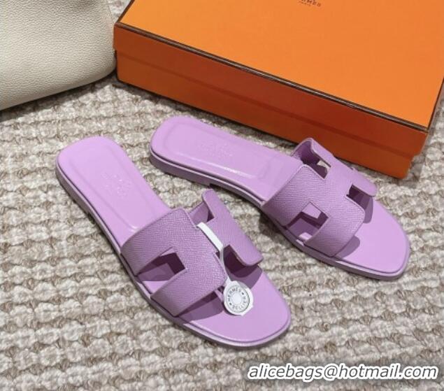 Shop Cheap Hermes Classic Oran Flat Slide Sandals in Palm Grained Leather Purple 123047