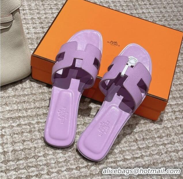 Shop Cheap Hermes Classic Oran Flat Slide Sandals in Palm Grained Leather Purple 123047