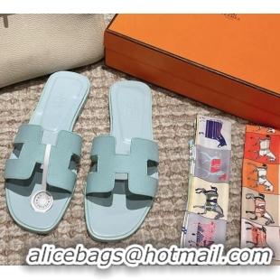 Grade Quality Hermes Classic Oran Flat Slide Sandals in Palm Grained Leather Blue 123049