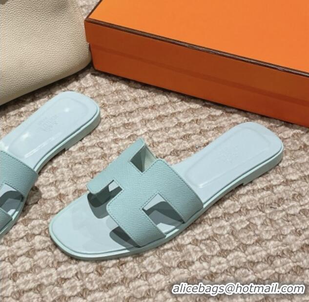 Grade Quality Hermes Classic Oran Flat Slide Sandals in Palm Grained Leather Blue 123049