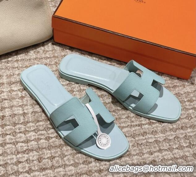 Grade Quality Hermes Classic Oran Flat Slide Sandals in Palm Grained Leather Blue 123049