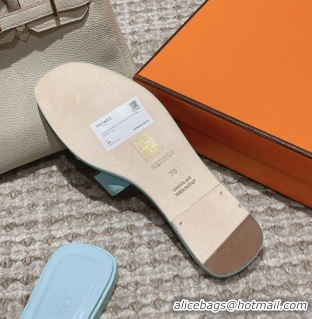 Grade Quality Hermes Classic Oran Flat Slide Sandals in Palm Grained Leather Blue 123049