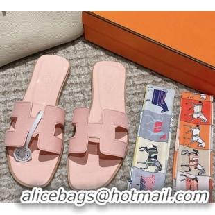 Pretty Style Hermes Classic Oran Flat Slide Sandals in Palm Grained Leather Pink 123050