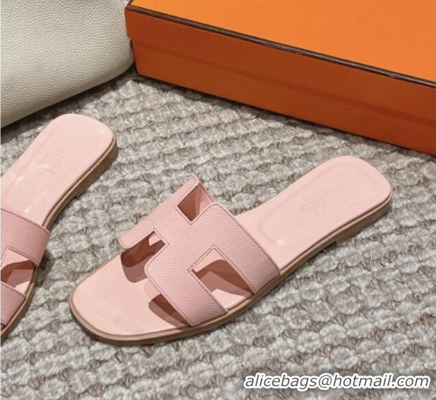 Pretty Style Hermes Classic Oran Flat Slide Sandals in Palm Grained Leather Pink 123050