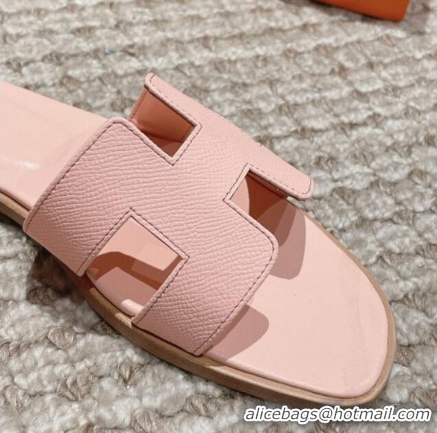 Pretty Style Hermes Classic Oran Flat Slide Sandals in Palm Grained Leather Pink 123050