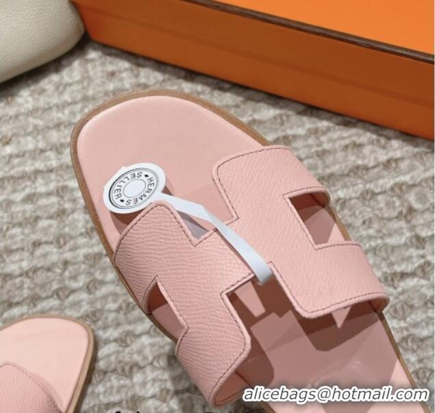 Pretty Style Hermes Classic Oran Flat Slide Sandals in Palm Grained Leather Pink 123050