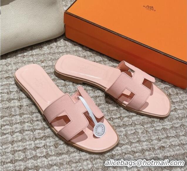 Pretty Style Hermes Classic Oran Flat Slide Sandals in Palm Grained Leather Pink 123050