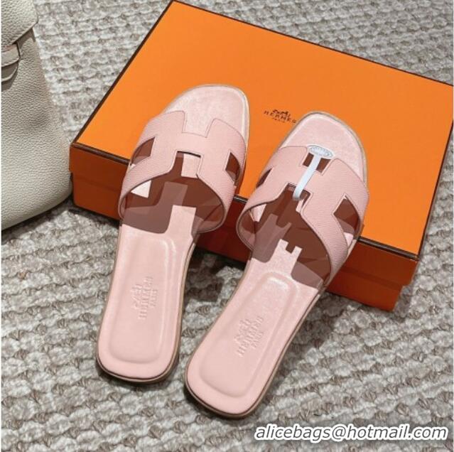 Pretty Style Hermes Classic Oran Flat Slide Sandals in Palm Grained Leather Pink 123050