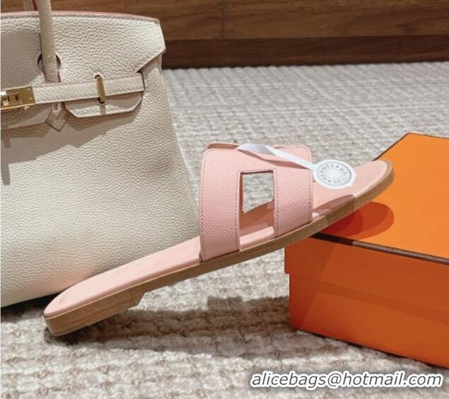 Pretty Style Hermes Classic Oran Flat Slide Sandals in Palm Grained Leather Pink 123050