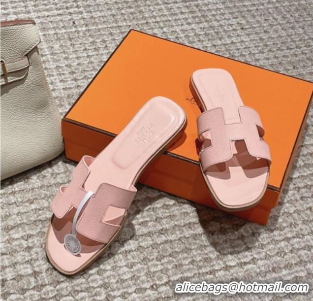 Pretty Style Hermes Classic Oran Flat Slide Sandals in Palm Grained Leather Pink 123050