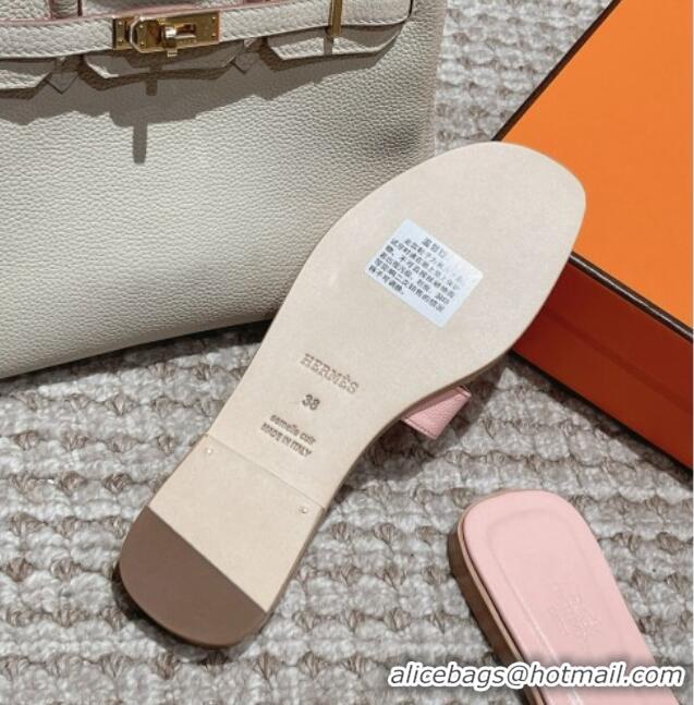 Pretty Style Hermes Classic Oran Flat Slide Sandals in Palm Grained Leather Pink 123050