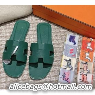 Low Cost Hermes Classic Oran Flat Slide Sandals in Palm Grained Leather Green 123051