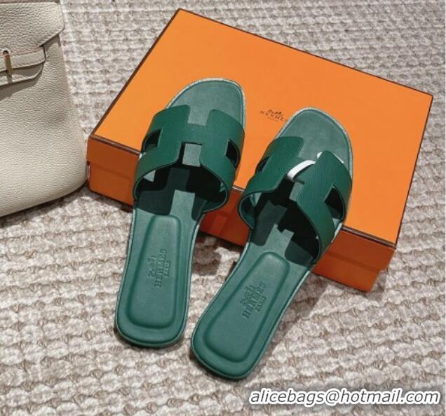 Low Cost Hermes Classic Oran Flat Slide Sandals in Palm Grained Leather Green 123051