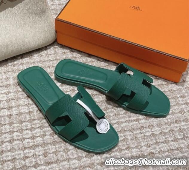 Low Cost Hermes Classic Oran Flat Slide Sandals in Palm Grained Leather Green 123051