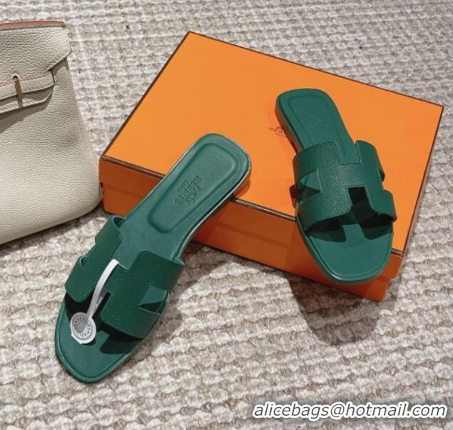 Low Cost Hermes Classic Oran Flat Slide Sandals in Palm Grained Leather Green 123051