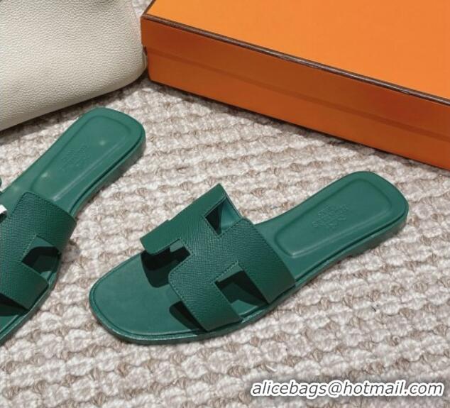 Low Cost Hermes Classic Oran Flat Slide Sandals in Palm Grained Leather Green 123051