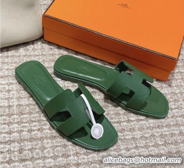 Top Grade Hermes Classic Oran Flat Slide Sandals in Palm Grained Leather Green 123052