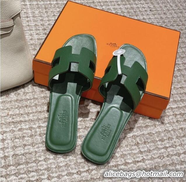 Top Grade Hermes Classic Oran Flat Slide Sandals in Palm Grained Leather Green 123052