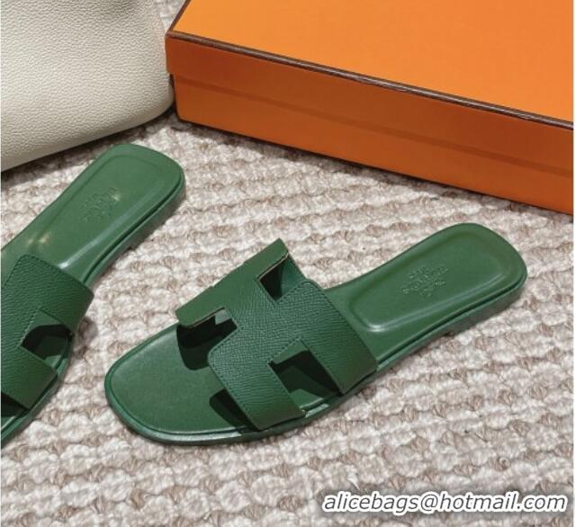 Top Grade Hermes Classic Oran Flat Slide Sandals in Palm Grained Leather Green 123052