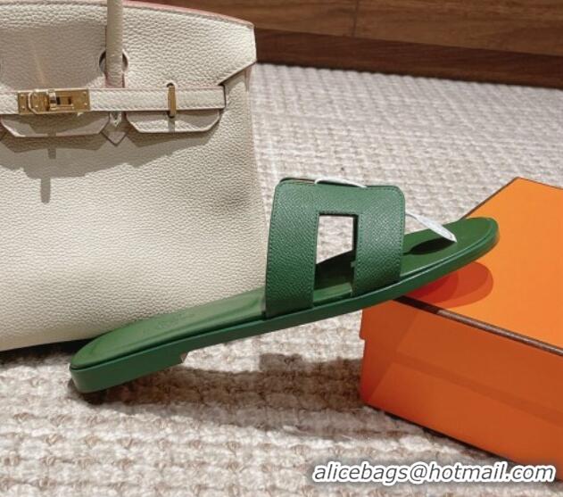 Top Grade Hermes Classic Oran Flat Slide Sandals in Palm Grained Leather Green 123052