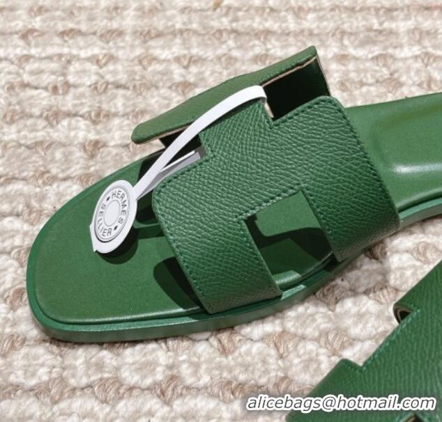 Top Grade Hermes Classic Oran Flat Slide Sandals in Palm Grained Leather Green 123052