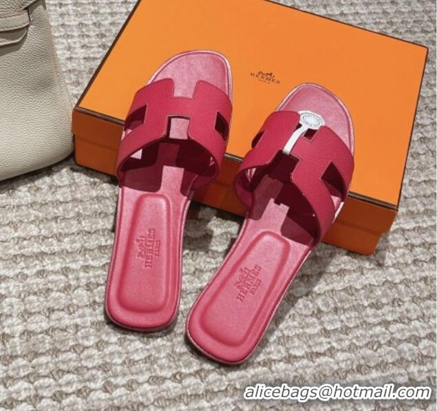 Unique Style Hermes Classic Oran Flat Slide Sandals in Palm Grained Leather Pink 123053