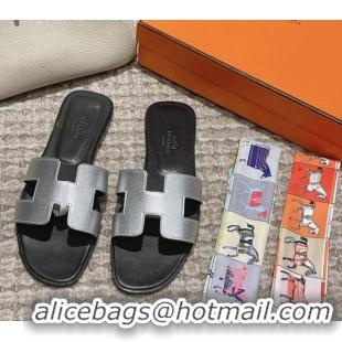 Popular Style Hermes Classic Oran Flat Slide Sandals in Palm Grained Leather Silver/Black 123054