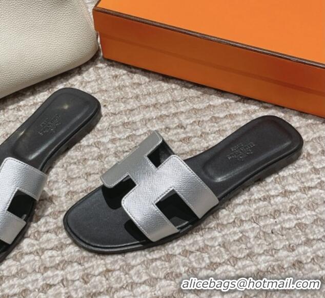 Popular Style Hermes Classic Oran Flat Slide Sandals in Palm Grained Leather Silver/Black 123054