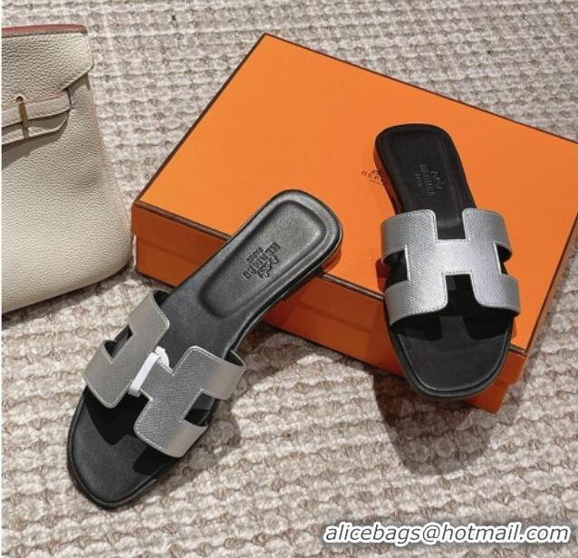 Popular Style Hermes Classic Oran Flat Slide Sandals in Palm Grained Leather Silver/Black 123054