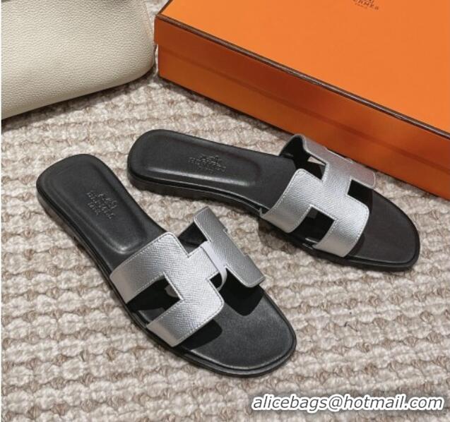 Popular Style Hermes Classic Oran Flat Slide Sandals in Palm Grained Leather Silver/Black 123054