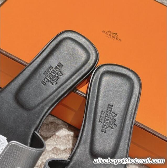 Popular Style Hermes Classic Oran Flat Slide Sandals in Palm Grained Leather Silver/Black 123054