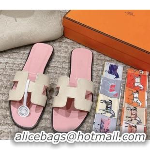 Most Popular Hermes Classic Oran Flat Slide Sandals in Palm Grained Leather White/Pink 123056