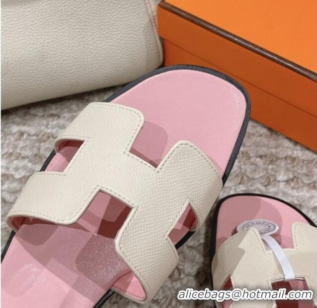 Most Popular Hermes Classic Oran Flat Slide Sandals in Palm Grained Leather White/Pink 123056