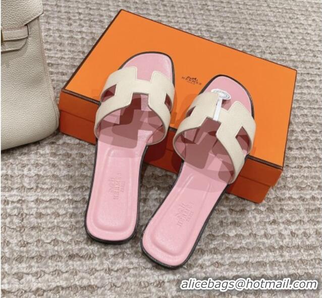 Most Popular Hermes Classic Oran Flat Slide Sandals in Palm Grained Leather White/Pink 123056