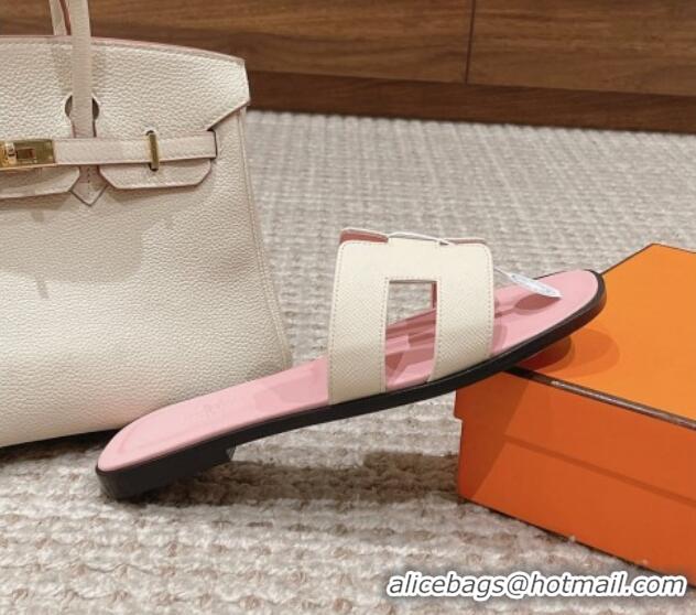 Most Popular Hermes Classic Oran Flat Slide Sandals in Palm Grained Leather White/Pink 123056