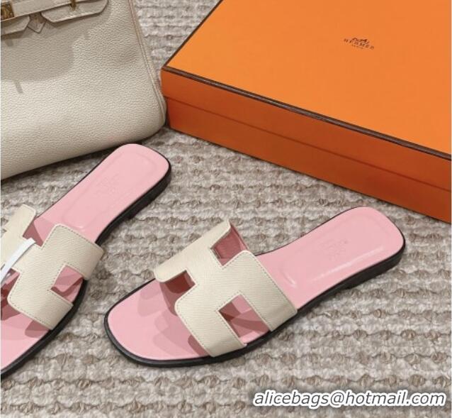 Most Popular Hermes Classic Oran Flat Slide Sandals in Palm Grained Leather White/Pink 123056